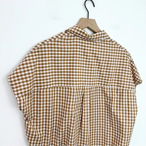 French Connection Gingham Plaid Split Popover Shirt Tan White Size small - Picture 3 of 5